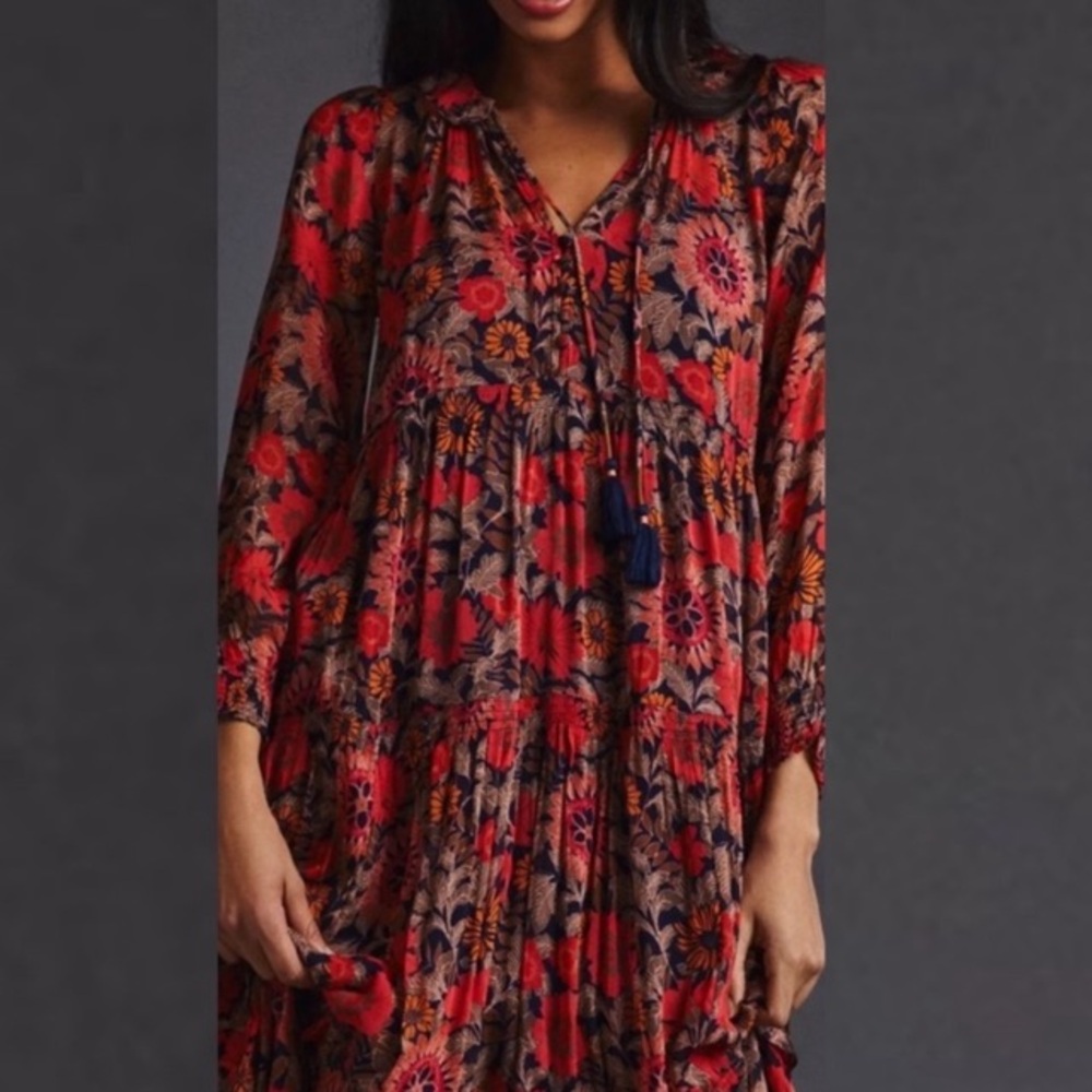 Anthropologie Marais Red Floral Tiered Chiffon Maxi Dress XSP Boho